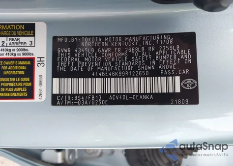 2009 Toyota Camry Le из США, поврежденный, VIN 4T4BE46K99R122650